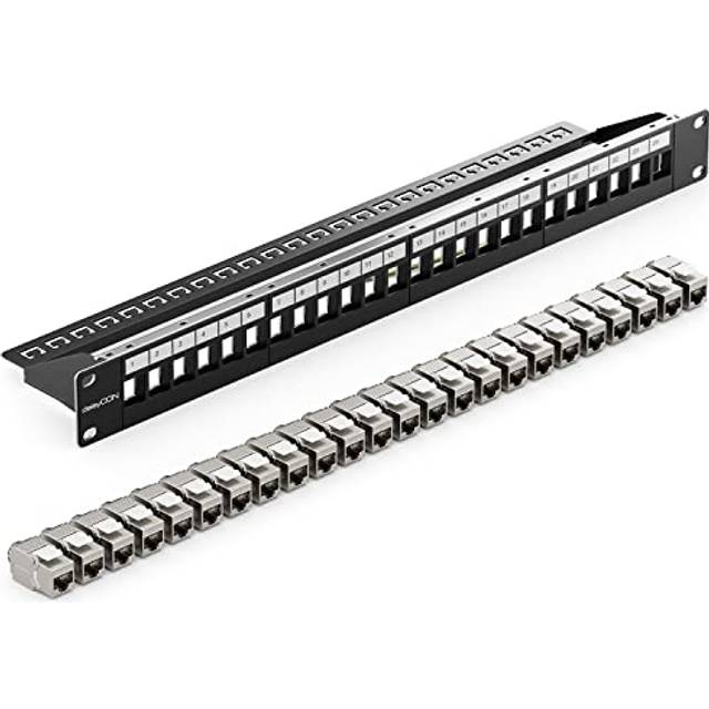 DeleyCON 24 Port Patchpanel Set Modular 1 HE 19 Zoll RJ45 Keystone Module