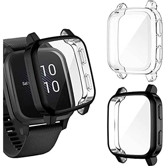 SeNool Fodral kompatibelt med Garmin Venu Sq/Music, TPU repskydd, skärmskydd och total ram (svart klar)