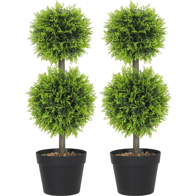 Set of 2 Artificial Topiary Cypress Ball Trees with Pot and Pebbles - Homcom