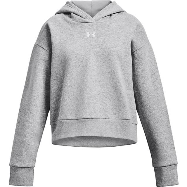 UNDER ARMOUR Junior Girls Rival Fleece Crop Hoodie - Grey/White, Mod Gray Light Heather/White, Size S