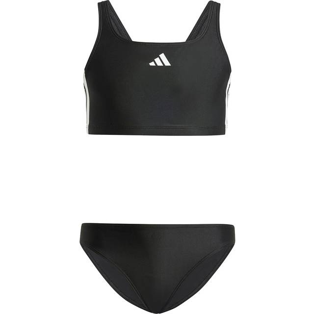 adidas Junior Girls 3 Stripe Bikini - Black, Black/White, Size 7-8 Years - 7-8 YEARS