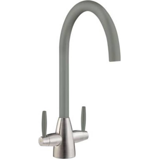 Liquida Lb01Gr Swan Neck Twin Lever Brushed Steel And Grey Kitchen Tap - One Size