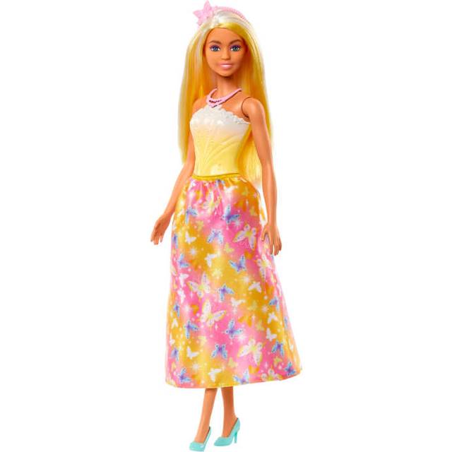 Royal Doll with Brightly Highlighted Fantasy Hair, Colorful Accessories, Yellow Ombre Bodice and Butterfly-Print Skirt, HRR09
