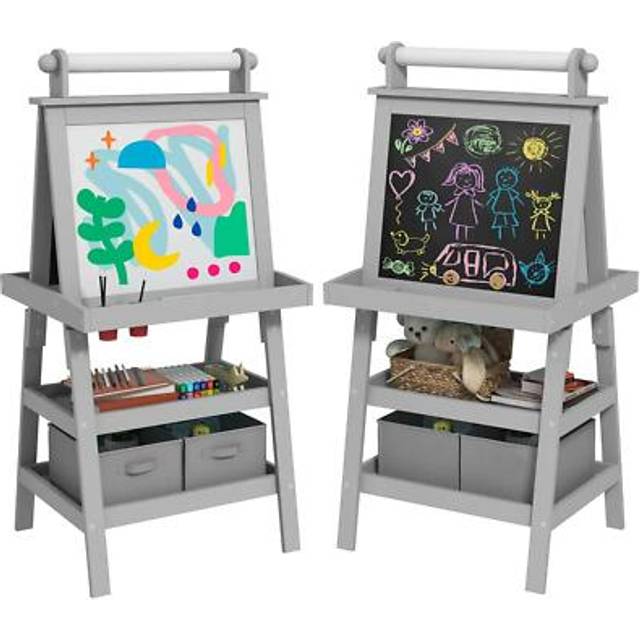 Aiyaplay Double-sided Art Easel For Kids W/ Paper Roll, Storage Baskets Grey