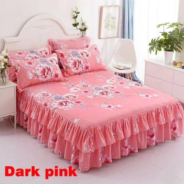 (dark pink, 150*200cm) Single/Twin/Full/Queen/King floral Printied Bedspread Coverlet Bed Skirt And Pillow Shams Set