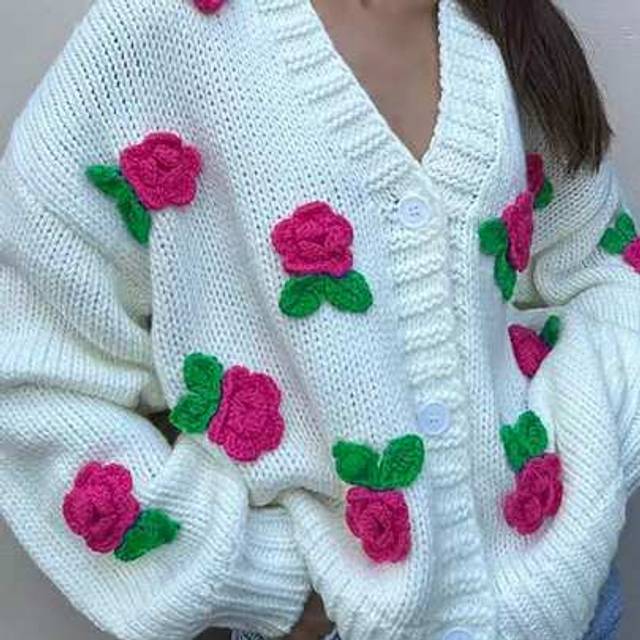 SHEIN Women&#39;s Fashion 3D Floral Long Sleeve Short Chunky Knit Button Up Cardigan