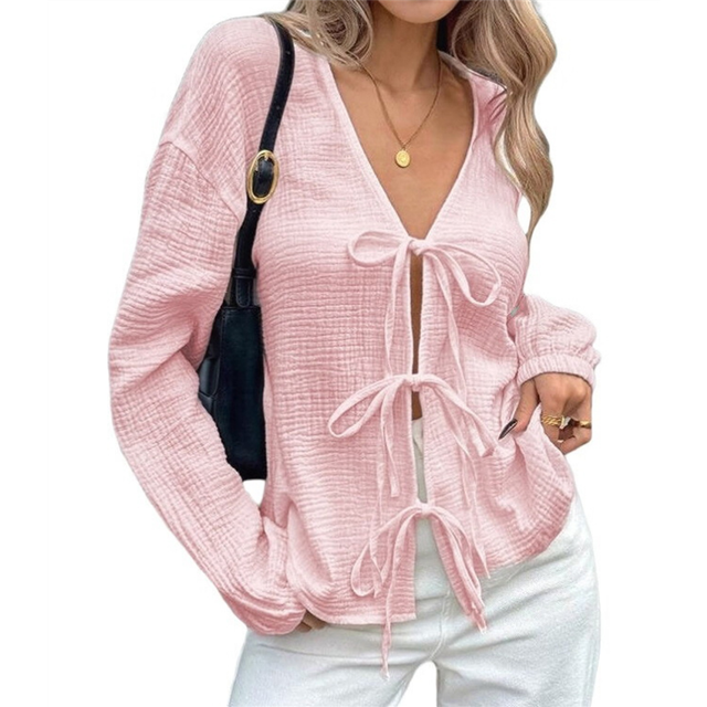 (XXL, Pink) Womens Bow-Tie Front Tops Babydoll Puff Long Sleeve Blouse Y2k Casual Shirt Light Blue S