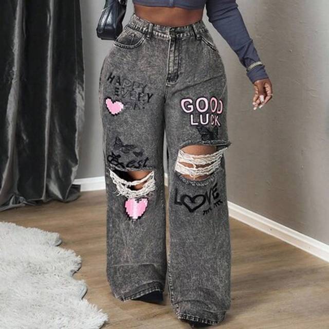 Slaydiva Women&#39;s Plus Size Grey Denim Extra Long Jeans With Ripped Knees And Graphic Prints, Western Wear Women