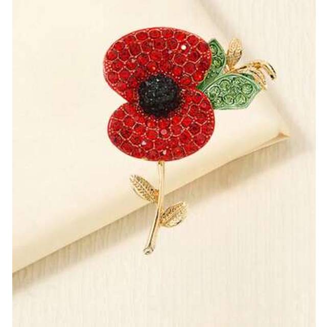 SHEIN 1pc WWII Memorial Day Red Crystal Poppy Flower Brooch, Unique Lapel Pin