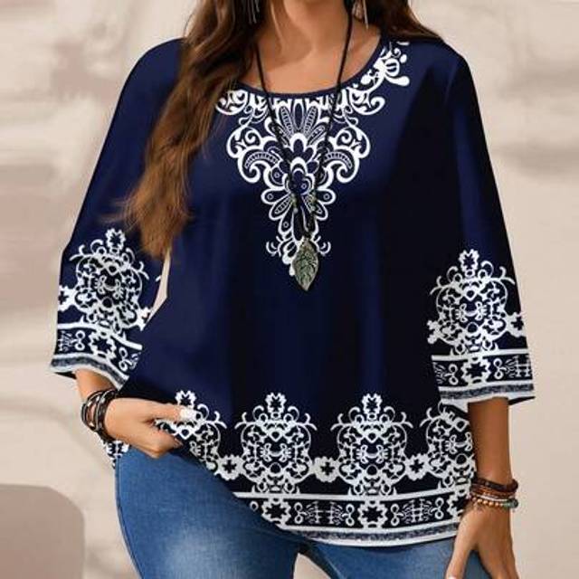SHEIN Plus Size Casual Retro Print Loose Fit Blouse, Women Plus Size Blue & White Pattern Retro Printed Round Neck 3/4 Sleeve Shirt, Suitable For Summer Aut