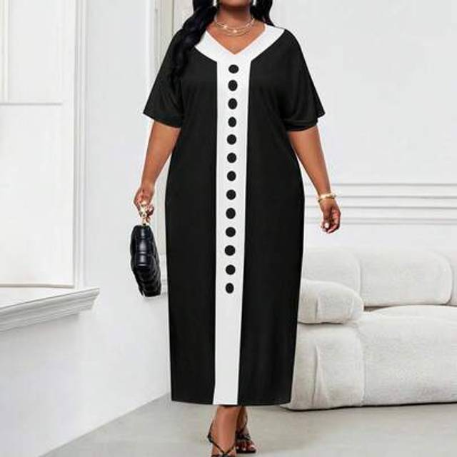 SHEIN 2025 New Spring And Fall Autumn And Winter Casual Elegant Boho Commuting Office Black And White Woven V Neck Ball Gown Tunic Dress Kaftan Dress Long L