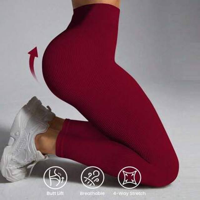 SHEIN Burgundy Rib-Knit High-Waisted Long Sports Seamless Leggings With Tummy Control And -Lifting Design Yoga Women Pants