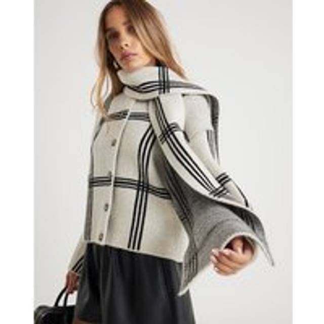 River Island Knitted Check Print Wrap Scarf Cardigan - Grey, Grey, Size L, Women