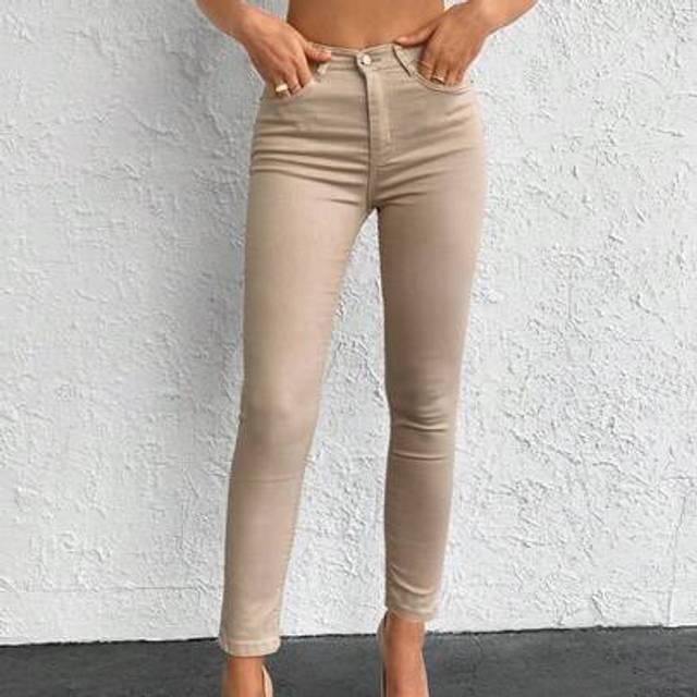 SHEIN Women High Waist Elastic Slim Leg Linen Pants, Solid Color Casual With Zipper, Button, Pockets