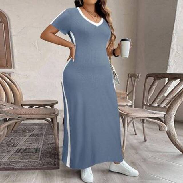 Luneh Plus Size Women&#39;s Summer Colorblock V-Neck Short Sleeve Casual Maxi Dress Casual Long Dress Blue And White Dress Women Long Dress Summer Women V-Neck