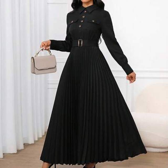 SHEIN Minimalist Solid Color Waist Pleated Long Sleeve Dress For Women