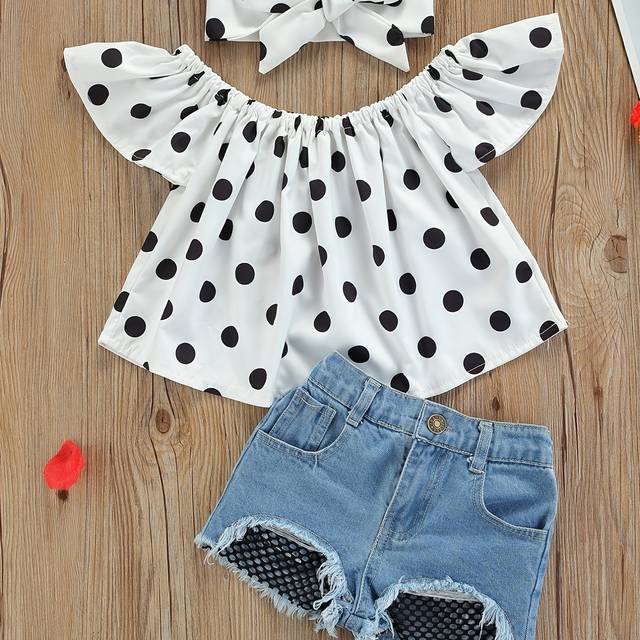 TEMU Toddler Baby Girls Polka Dots Off The Shoulder Ruffle Crop Top & Denim Short & Headband Kids Clothes Set Summer Outdoor Outfits