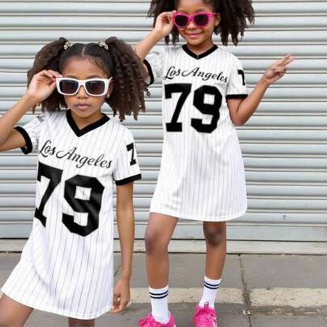 SHEIN Tween Girls&#39; Casual Fashionable Comfortable Cute Vibrant Collegiate Striped Numeral Print Color Block T-Shirt Dress, Black Athletic Energetic Cheerlea
