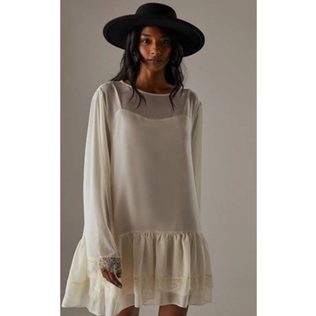 Warehouse Chiffon Lace Flared Sleeve Drop Hem Mini Dress In Cream - cream - 6