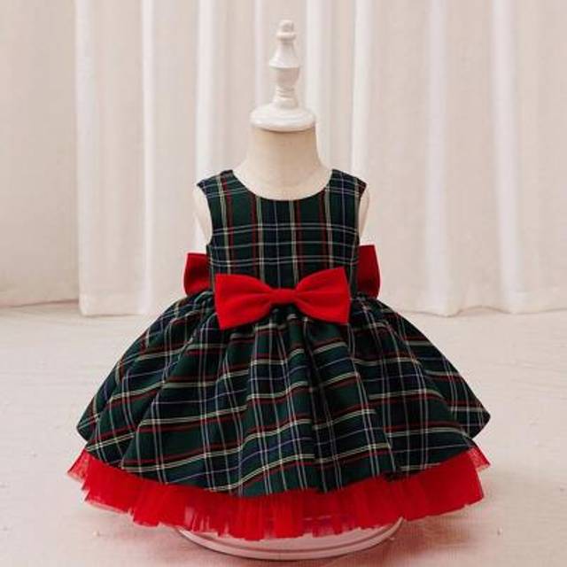SHEIN Baby Girls&#39; Halloween Christmas Plaid Mesh Dress With Big Bow Back, Children&#39;s Festival Performance Party Sleeveless Tank Dress,Christmas Dress Fall W