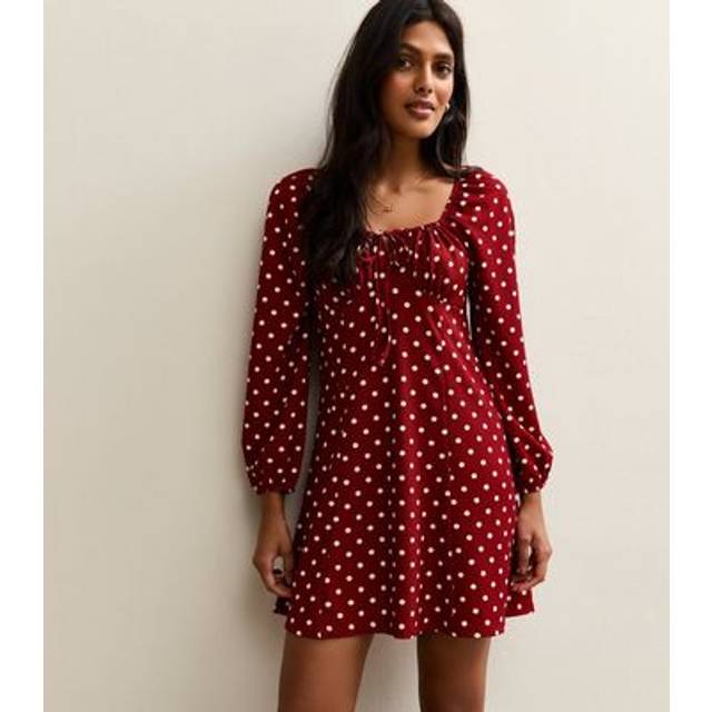 New Look Women's Red Long Sleeve Spot Print Milkmaid Mini Dress - UK 8
