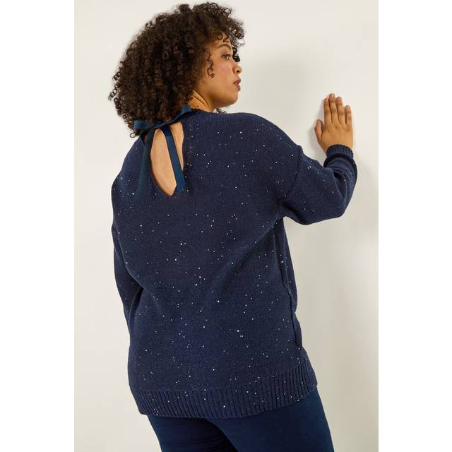 Roman Curve Hotfix Longline Knit Jumper In Navy - 18