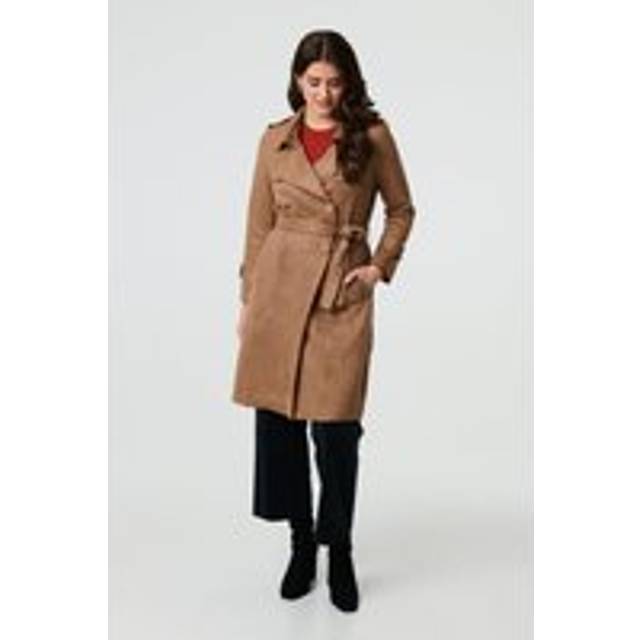 Suede Tie Waist Button Front Trench Coat - Brown - 16