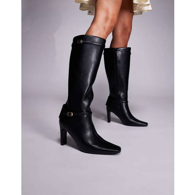 Public Desire – Poppy – Svarta, knähöga klackboots med spännen-Svart/a