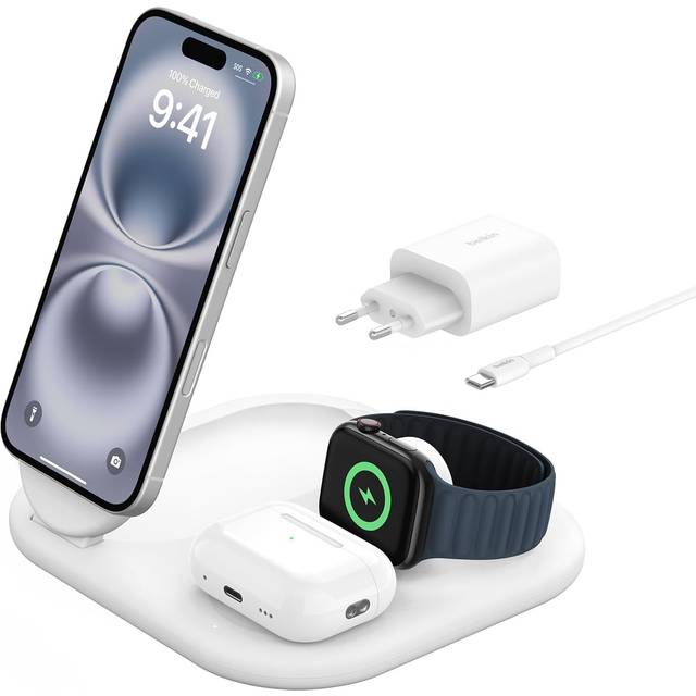Belkin BoostCharge 3-i-1 magnetisk hopfällbar Qi2-laddare 15 W - MagSafe-kompatibel laddare, för Apple iPhone 16, iPhone 15, 14, 13, 12, Apple Watch, AirPods, strömförsörjning medföljer - Vit