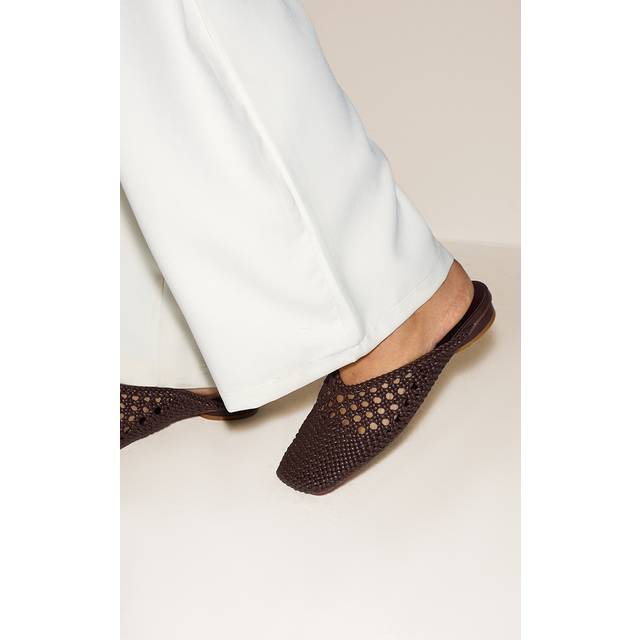 Chocolate Pu Square Toe Woven Flats - 5