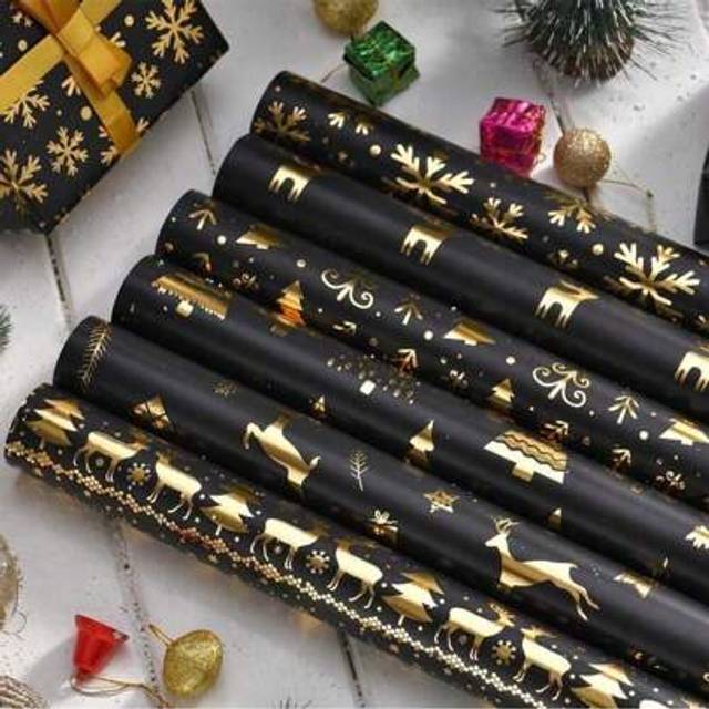 SHEIN 6pcs/12pcs Christmas Foil Gift Wrapping Paper, Retro Black & Gold Deer, Snowflake, Christmas Tree Pattern, Gift Packaging Paper,Christmas