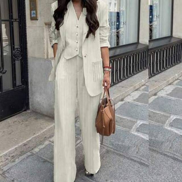 SHEIN Women&#39;s Casual/Work Striped Jacket, Pants, And Vest 3-Piece Suit Set, Spring/Summer
