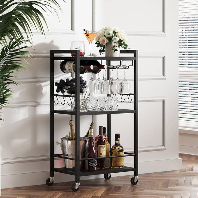 Drinks Trolley, Bar Cart With 3-Tier Shelf - Matte Black (83cm H X 43cm W X 30cm D)