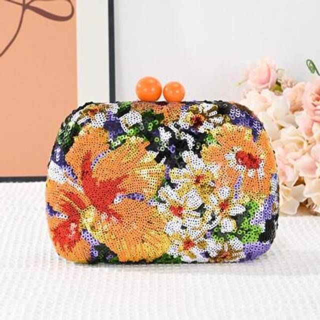 SHEIN Orange Floral Sequin Clutch Bag, Fashion Evening Party Handbag