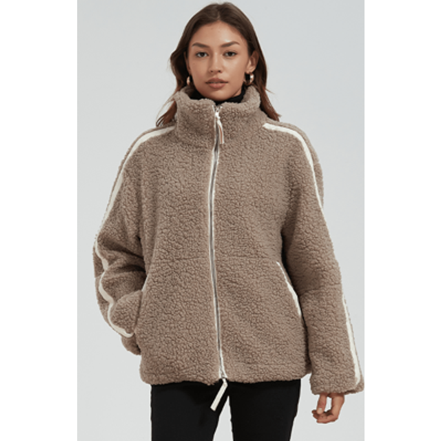 SHEIN Women Teddy Zip Up Jacket With Stand Collar And Side Stripe Detail â Fall/Winter Coat Outerwear