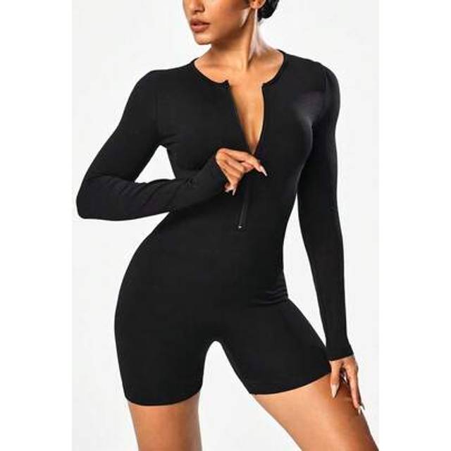 SHEIN Minimalist Zipper Fitted Long Sleeve Jumpsuit For Women, Activewear