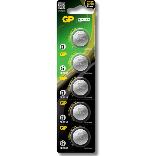 GP Batteries GP Lithium CR2032 Batteries 3 Volt Pack of 5 CR2032-C5