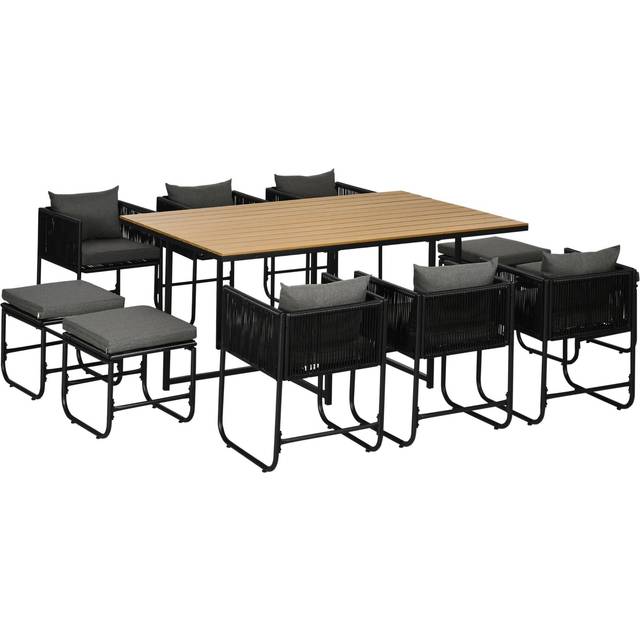 Outsunny Patio 11 Pcs Pe Rattan Dining Set, Garden Round Wicker 10-seater Table & Chair Sets, With Wood Grain Plastic Top, Space-saving Design Black