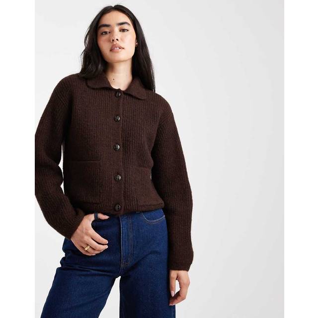 New Look Women's Brown Ribbed Knit Collared Button Through Cardigan - UK 10