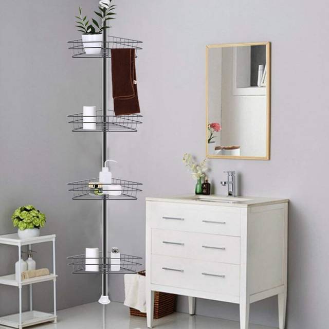 4 Tier Metal Bathroom Corner Shelf Telescopic Wall Rack Shower Organizer, Black