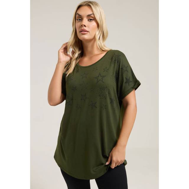Yours Plus Size Khaki Green Star Print Grown On Sleeve Tshirt Size 38-40