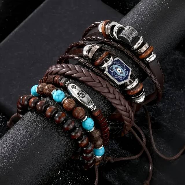 TEMU Popular Old-style Turquoise Wood Eye Beads Bracelet Set Of 6, Friendship Gift Handmade Woven Wristbands.