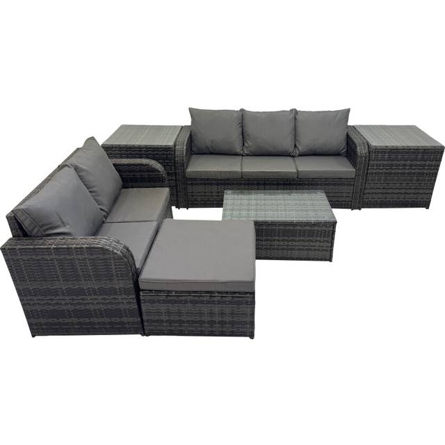 Outdoor Love Sofa 3 Seater Sofa Coffee Table Set Garden Rattan Furniture Set 6 Seater with 2 Side Tables Big Stool Dark Grey - Fimous