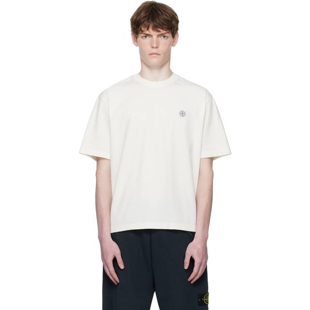 Stone Island, Toppar , Herr, 3Xl, Bomull, Vita Ribbade T-shirts med Kompass Logo