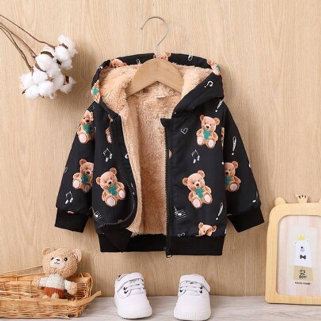 SHEIN Baby Boy Bear Print Teddy Lined Hooded Jacket