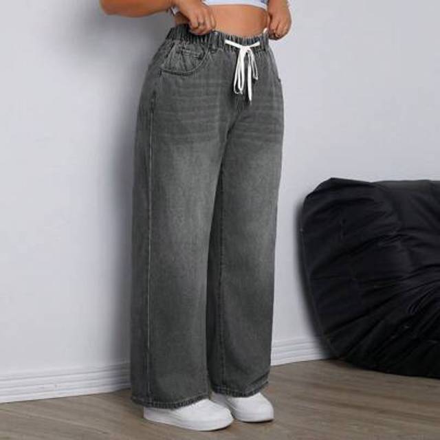SHEIN Plus Size Women&#39;s Drawstring Waist Wide Leg Loose Fit Casual Boyfriend Jeans With Pockets