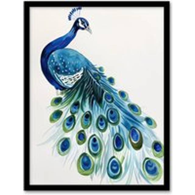 Blue Peafowl Peacock Tail Feathers Watercolour Framed Wall Art - W12 inch x H16 inch