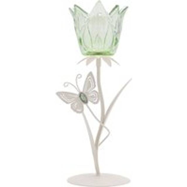 Hestia Single Stem Candle Holder With Green Glass And Butterflies On Matte Off White Base