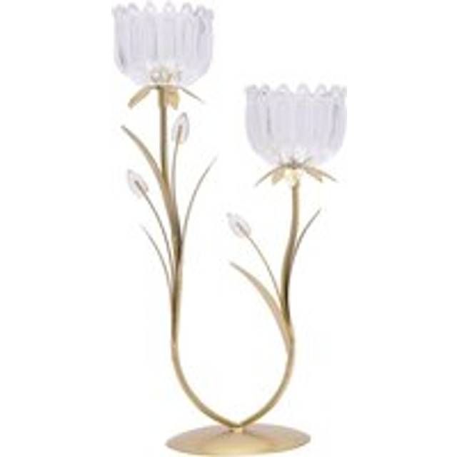 2 Stem Candle Holder With Clear Glass On Gold Base - One Size