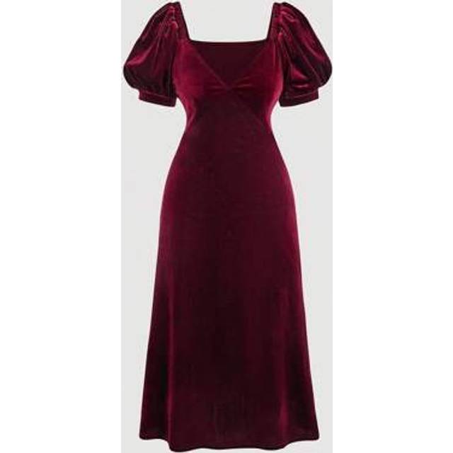 SHEIN Women&#39;s Elegant Solid Color Velvet Sweetheart Neck Puff Sleeve Cinched Waist Midi Dress, Autumn,Burgundy Dress,Burgundy,Halloween Dress,Vintage Dress,